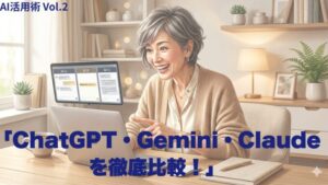 ChatGPT・Gemini・Claudeを比較する50代女性のイラスト