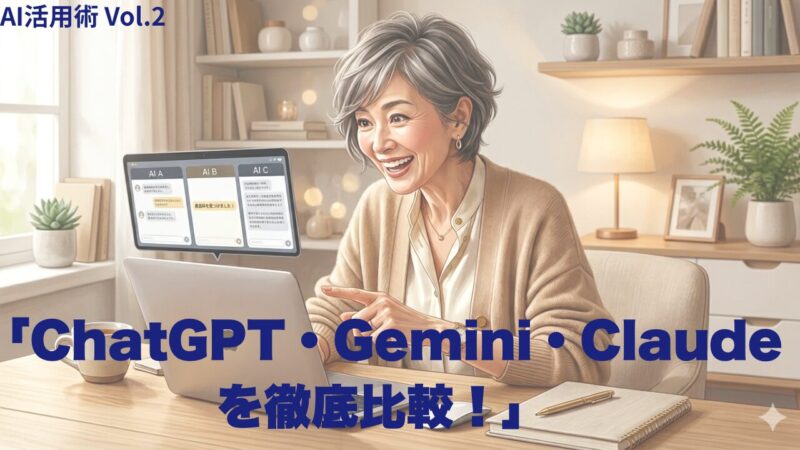 ChatGPT・Gemini・Claudeを比較する50代女性のイラスト