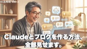 Claudeとブログを作る方法を解説する50代男性のイラスト