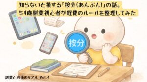 iPadやiPhoneを前に按分について調べる54歳副業初心者のイラスト