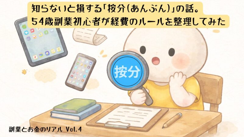 iPadやiPhoneを前に按分について調べる54歳副業初心者のイラスト