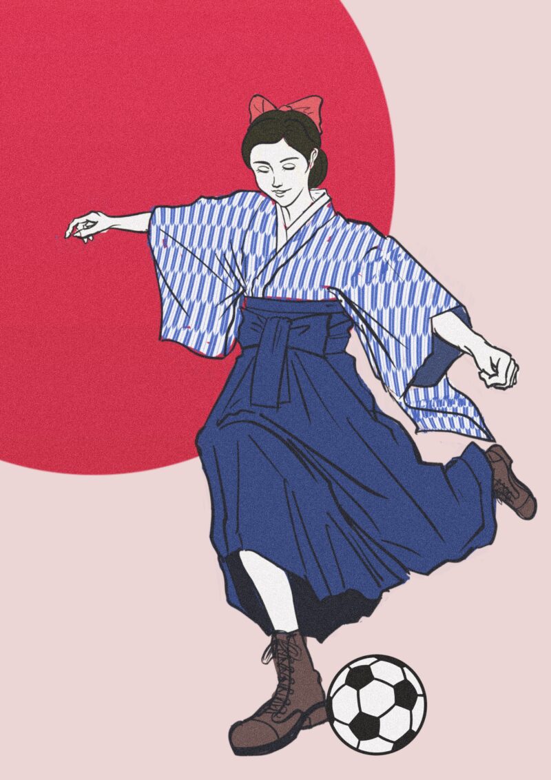 日章赤丸背景の大正浪漫サッカー女性イラスト背景色バージョン①