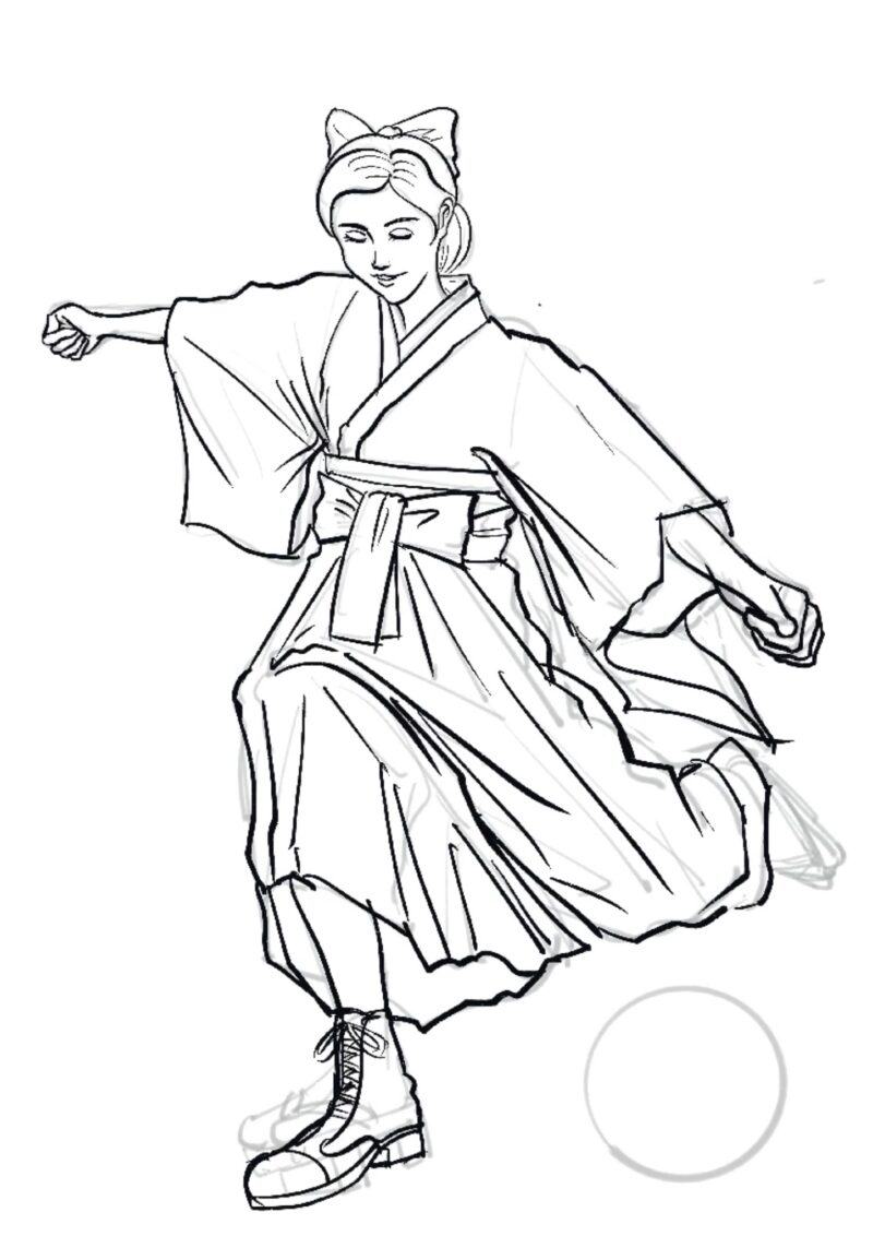 袴とブーツの大正浪漫女性イラスト線画