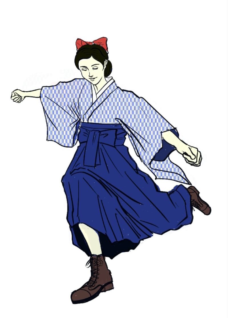 青い絣着物と藍色袴の大正浪漫女性イラスト着彩版