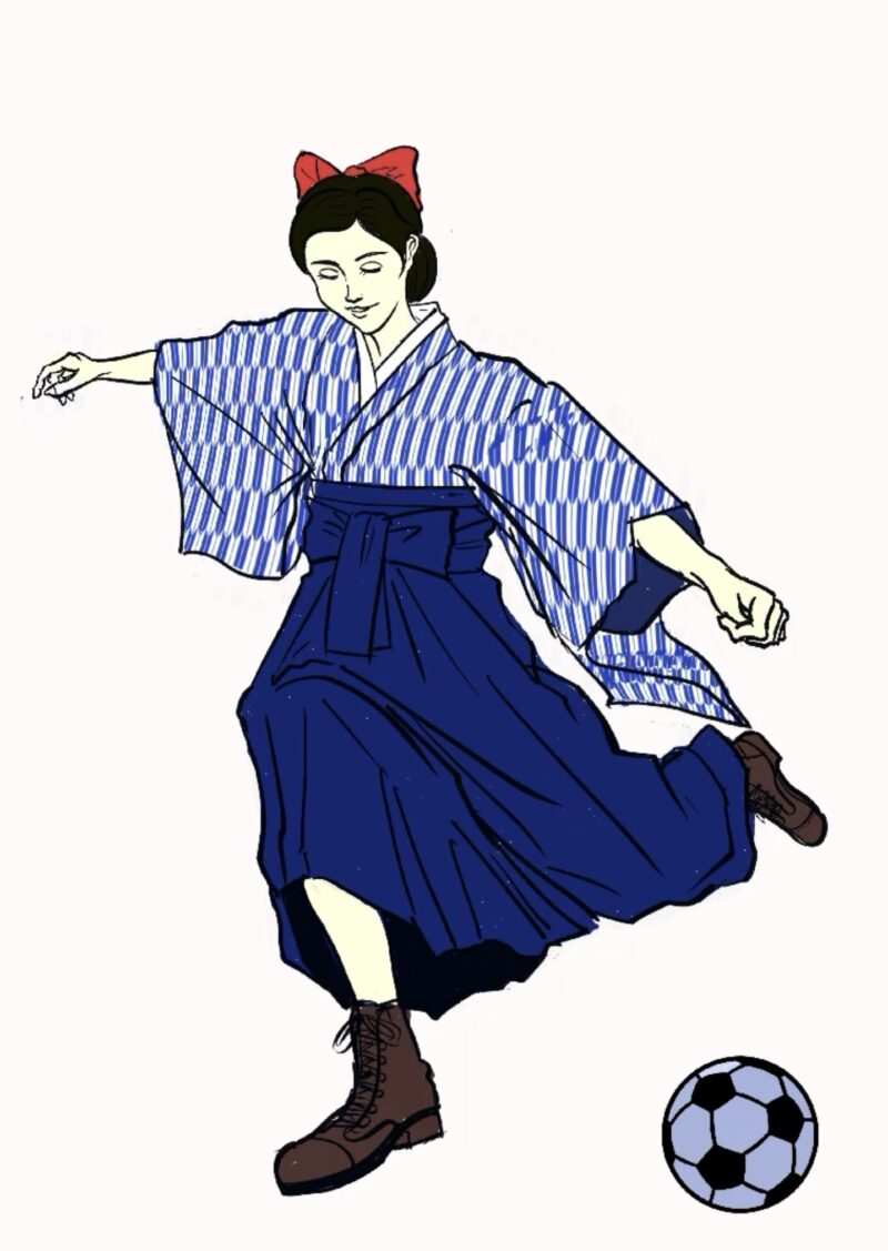 青い袴姿の大正浪漫女性がサッカーボールを蹴るイラスト