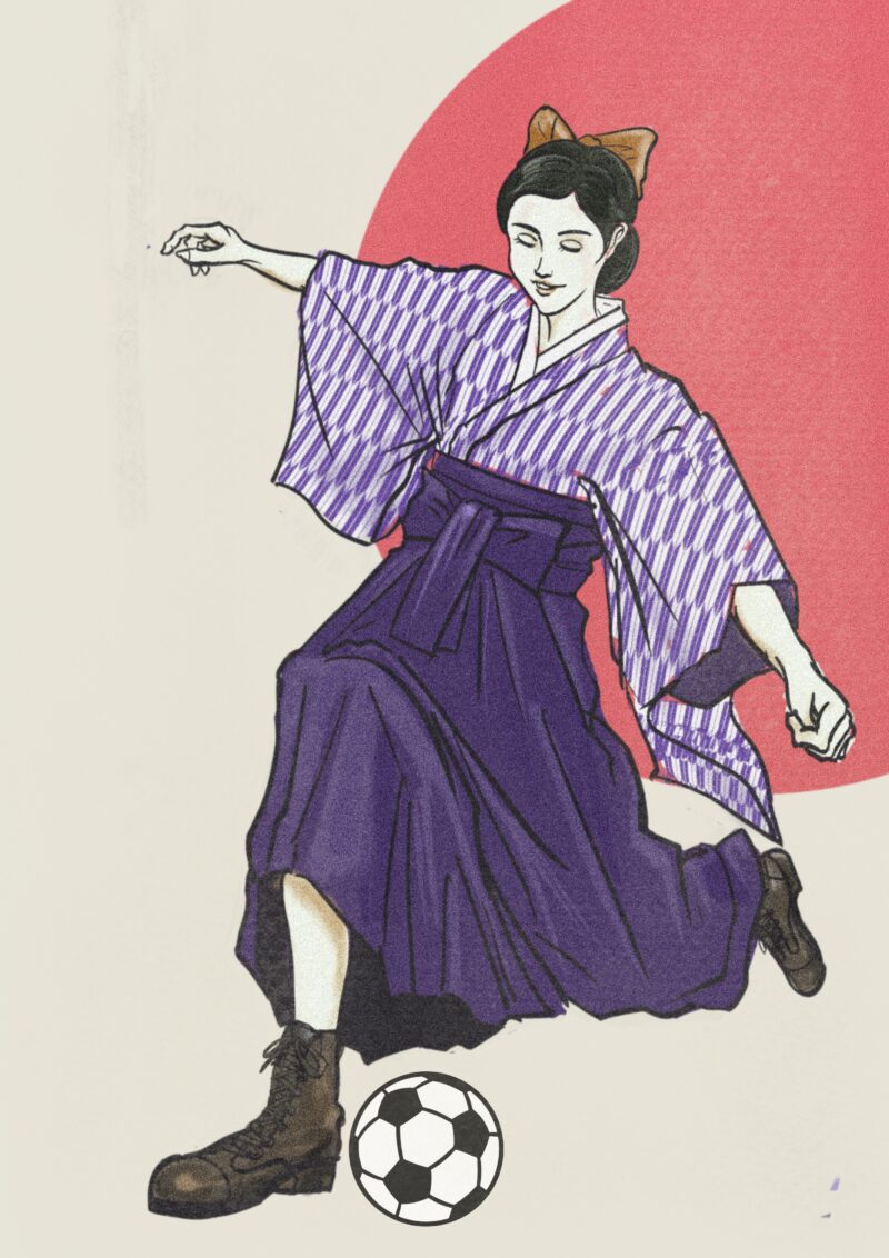 日章赤丸背景の大正浪漫サッカー女性イラスト背景色バージョン②