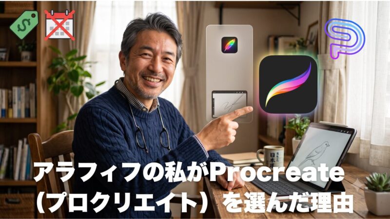 50代男性がProcreateのアイコンを指差して選んでいる様子。左に他のお絵描きアプリ、右に買い切り価格とYouTubeのアイコン