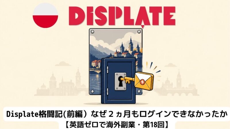 Displateのログイン画面と鍵、Gmailのメールアイコンを描いたイラスト。海外副業記第18回Displate格闘記前編のアイキャッチ画像