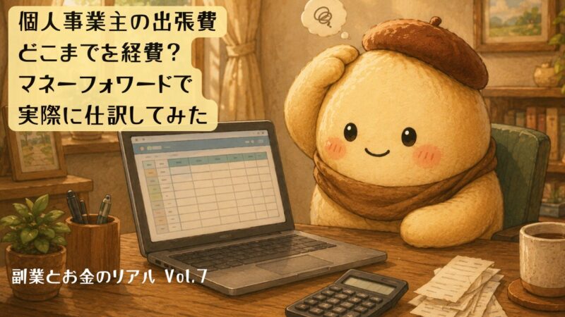 個人事業主の出張費の経費仕訳に悩むマスコットキャラのイラスト、副業とお金のリアルVol.7アイキャッチ