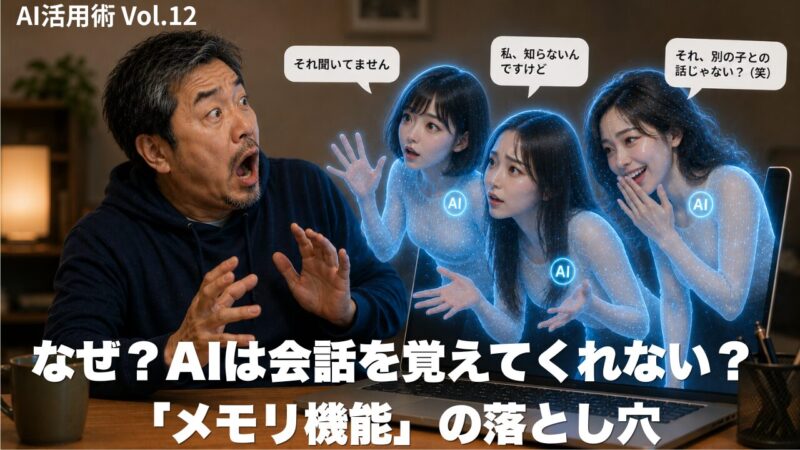 AIの前で驚く50代男性と、それぞれ別の記憶を持つ3体のAIキャラクター|AIのメモリ機能の限界を表すイラスト