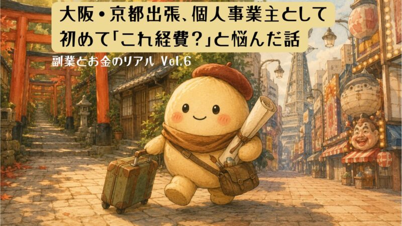 大阪・京都出張の経費に悩むマスコットキャラのイラスト、副業とお金のリアルVol.6アイキャッチ