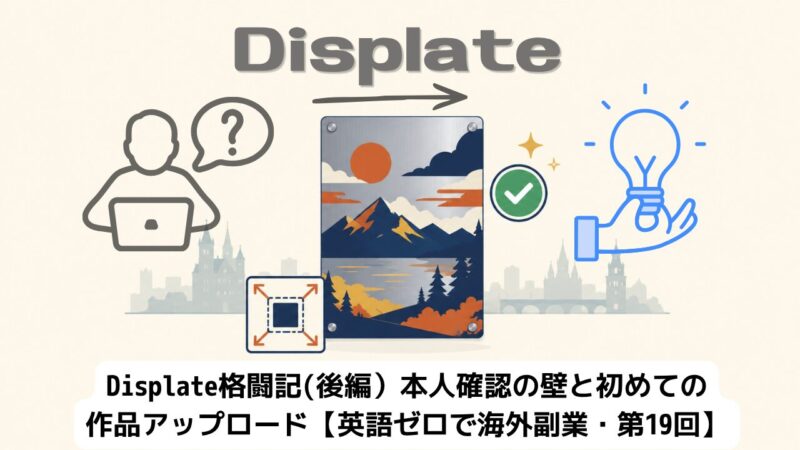 Displateのメタルポスターと、疑問符・電球・チェックマークのアイコンを描いたイラスト。海外副業記第19回Displate格闘記後編のアイキャッチ画像