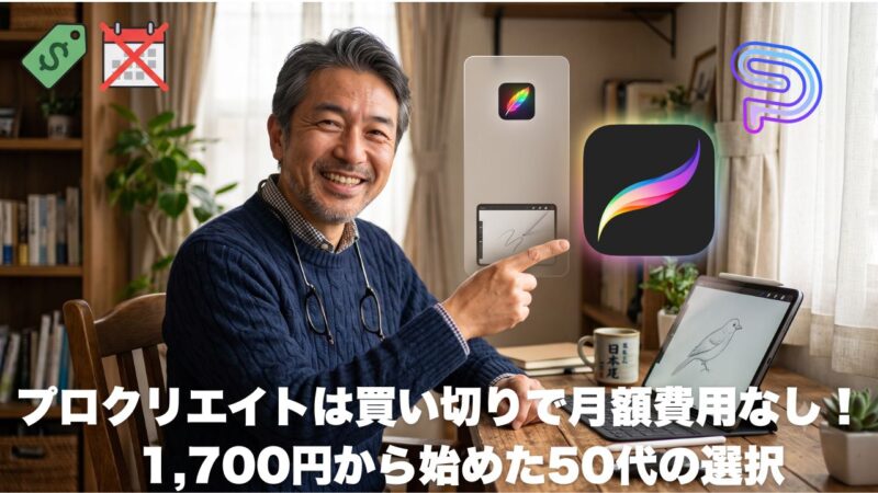 Procreateを買い切り1,700円で使う50代イラストレーターのイラスト|月額課金なしを紹介するアイキャッチ画像