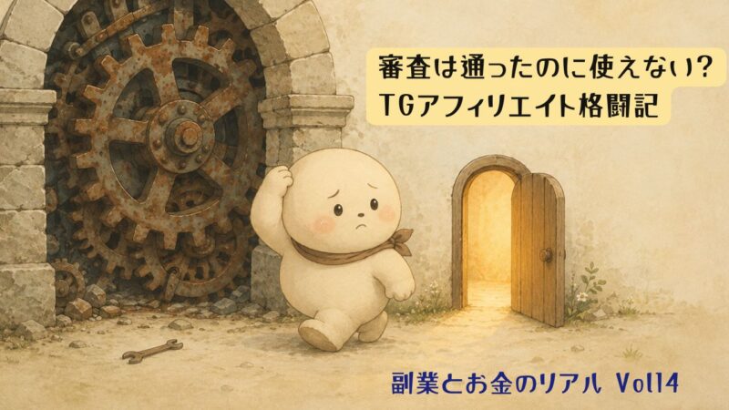 審査は通ったのに使えないTGアフィリエイト格闘記のアイキャッチ画像。錆びた歯車の前で困り顔のキャラクターと、隣にある小さな開いた扉のイラスト