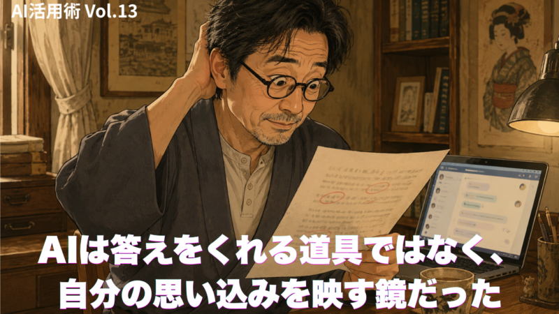54歳の男性がAIとのチャット履歴を印刷し赤ペンで見直している様子、AI活用術第13回アイキャッチ
