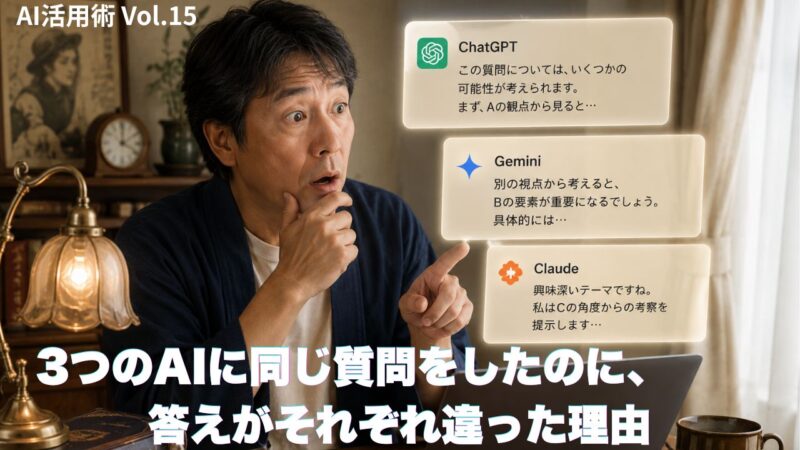 50代男性がChatGPT・Gemini・Claudeの3つのAIから異なる回答を受け取り驚いている様子のイラスト