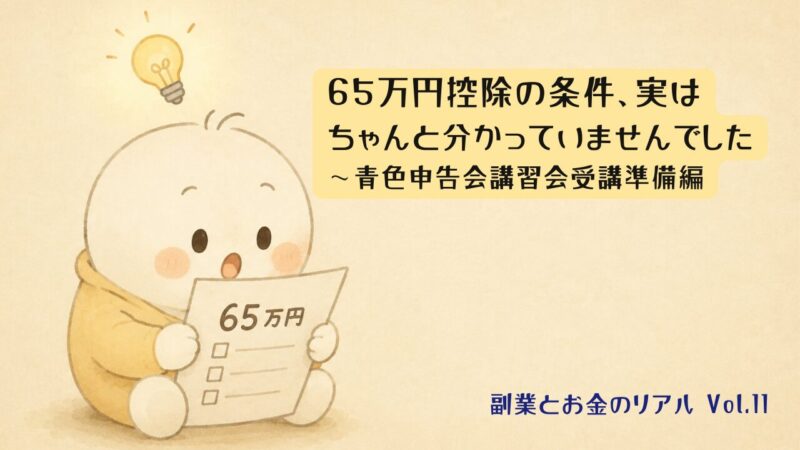 「65万円」と書かれた用紙を手に、電球マークでひらめいた表情を見せるキャラクターのゆるいイラスト・副業とお金のリアルVol.11