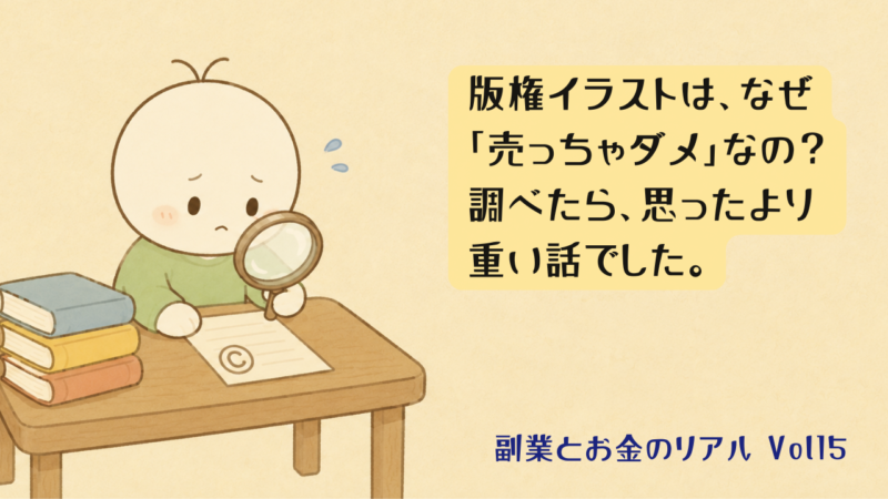 版権イラストは著作権侵害になる？虫眼鏡で著作権マークを確認するキャラクターのイラスト｜副業とお金のリアルVol.15