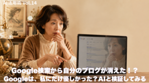 Google検索で自分のブログが表示されなくなり、驚く50代女性のイラスト