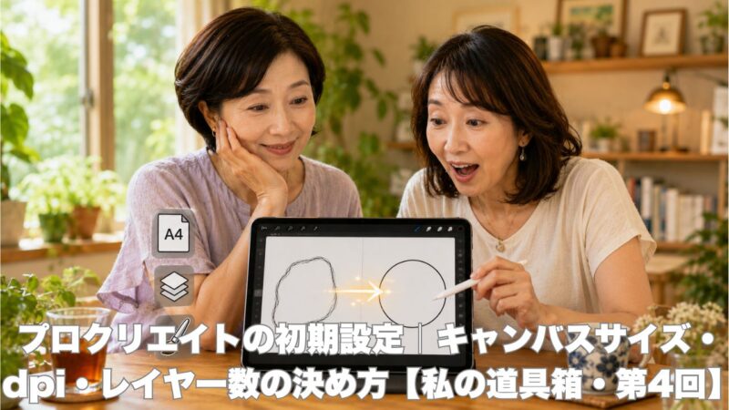 Procreateの初期設定(キャンバスサイズ・dpi・レイヤー数)を紹介する50代イラストレーターのイラスト|道具箱Vol.4アイキャッチ
