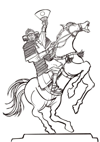 空想銅像シリーズ 熊谷直実 清書線画 鎧の縅と馬具を描き込んだ状態