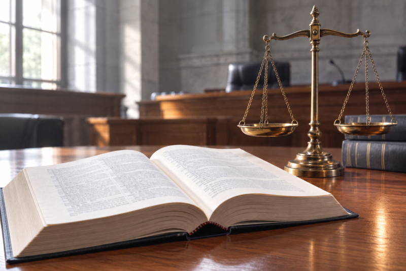 天秤と分厚い法律書が置かれた法廷風のテーブル。ドイツ刑法86a条の解説イメージ｜副業とお金のリアルVol.16