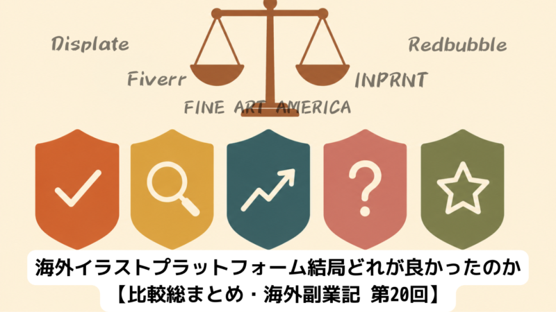 天秤の下に5社（INPRNT・Redbubble・FAA・Displate・Fiverr）を表す色分けされたシールドアイコンが並ぶイラスト・海外副業記第20回比較総まとめ