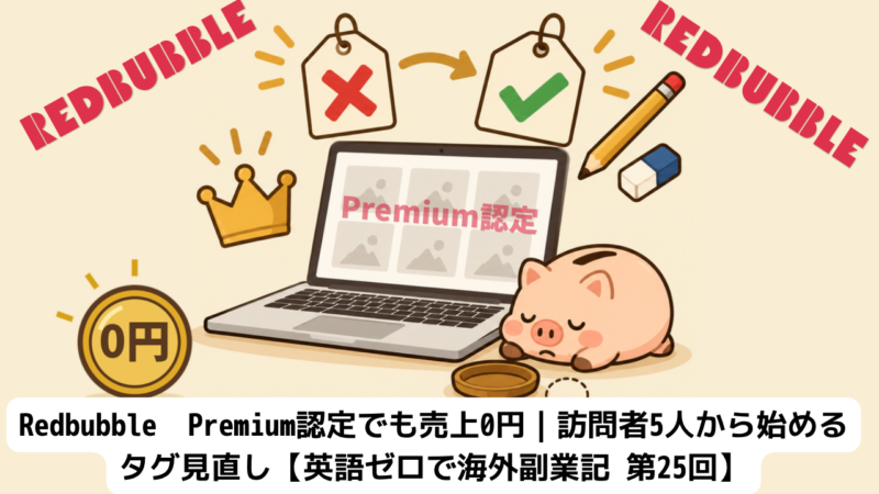 Redbubble Premium認定でも売上0円。×印の値札を✓の値札に書き直すイメージと、0円のコイン、眠る貯金箱を描いたイラスト