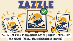 Zazzleに商品登録する方法を示すイラスト。キャンバスがTシャツとポスターに変化し緑のチェックマークで公開完了を表現