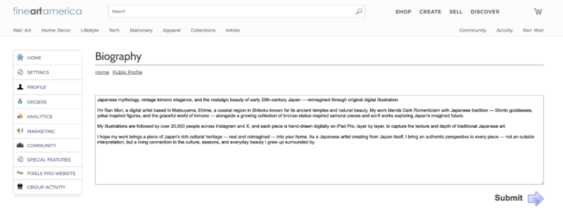 FAAのプロフィール編集画面。「大正」という言葉を使わず書き直した英文バイオグラフィーが表示されている