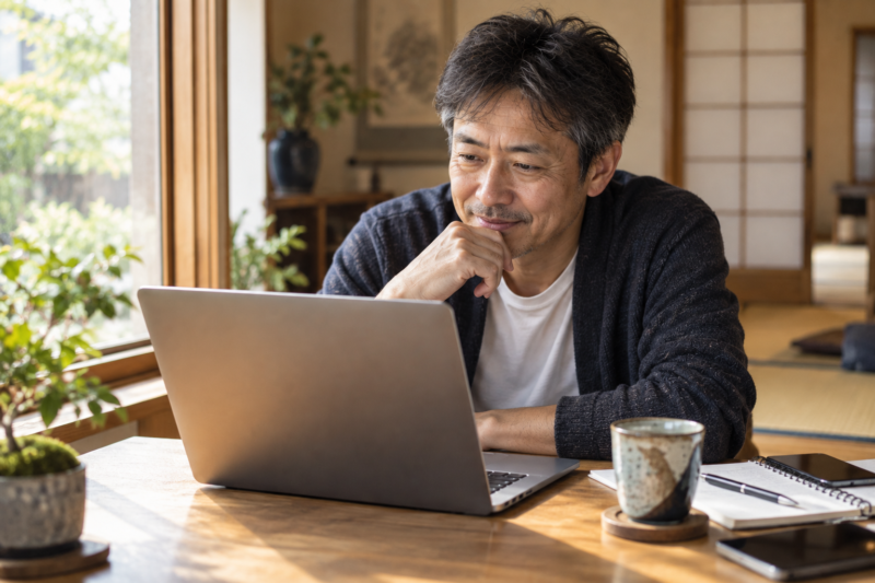 和室の窓辺でノートパソコンを見ながら、何かに気づいたような表情を浮かべる50代の日本人男性