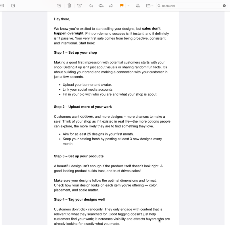 Redbubble The Roadmap to Your First Saleメール