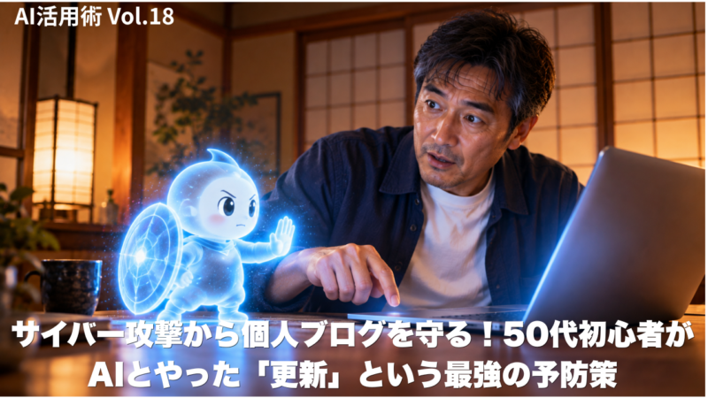 更新ボタンを押そうとする50代男性と、盾を持って手のひらで止める光のAIキャラクター。AI活用術第18回のアイキャッチ