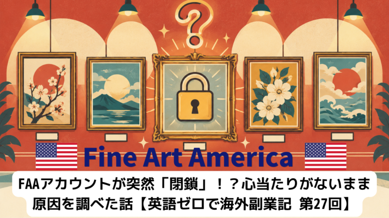 FAAアカウントが突然閉鎖したことを表すイラスト。ギャラリーの額縁の一つに鍵がかかり、疑問符が浮かんでいる