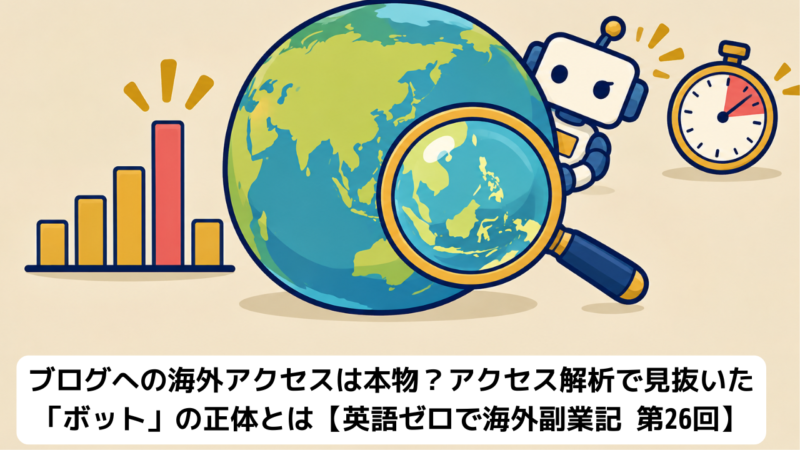 海外アクセスがボットかどうかを虫眼鏡で確かめるイメージイラスト